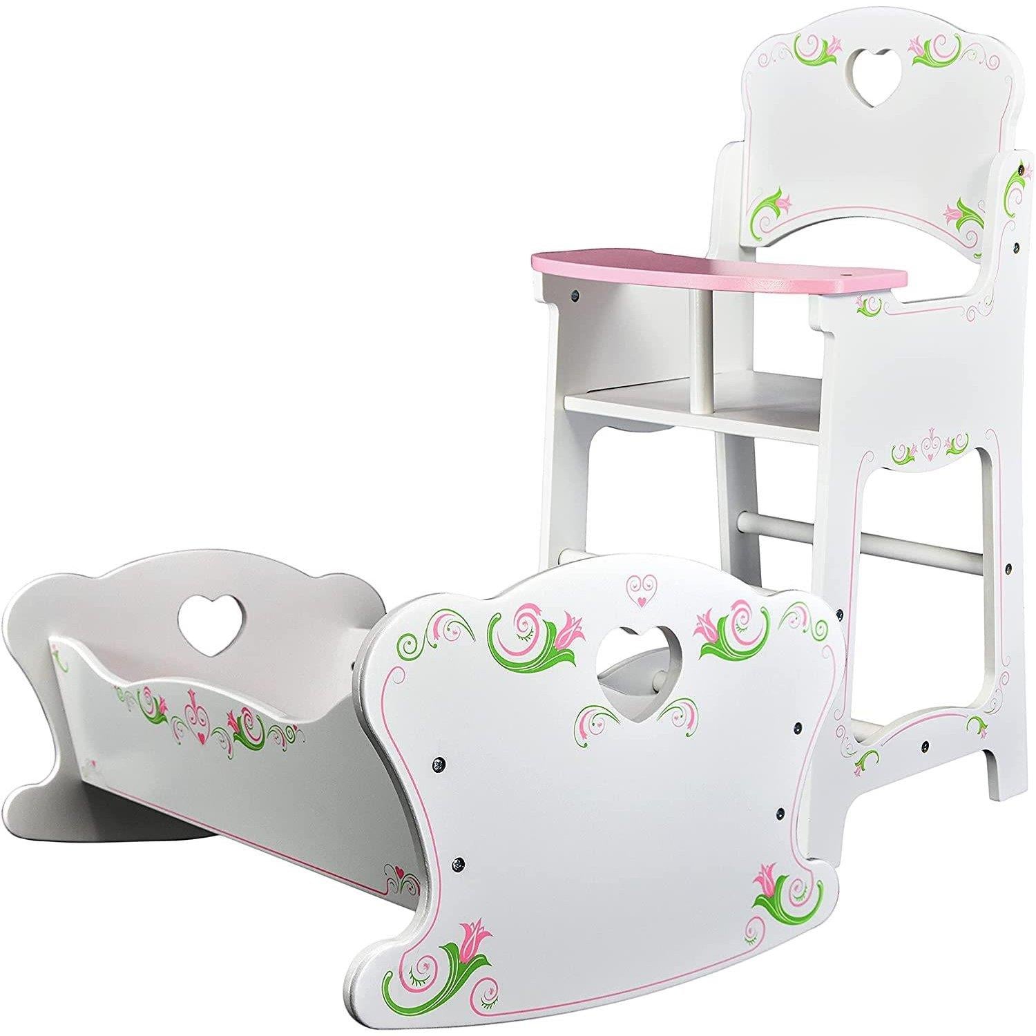 BiBi Doll Baby Dolls Wooden High Chair and Cradle Furniture