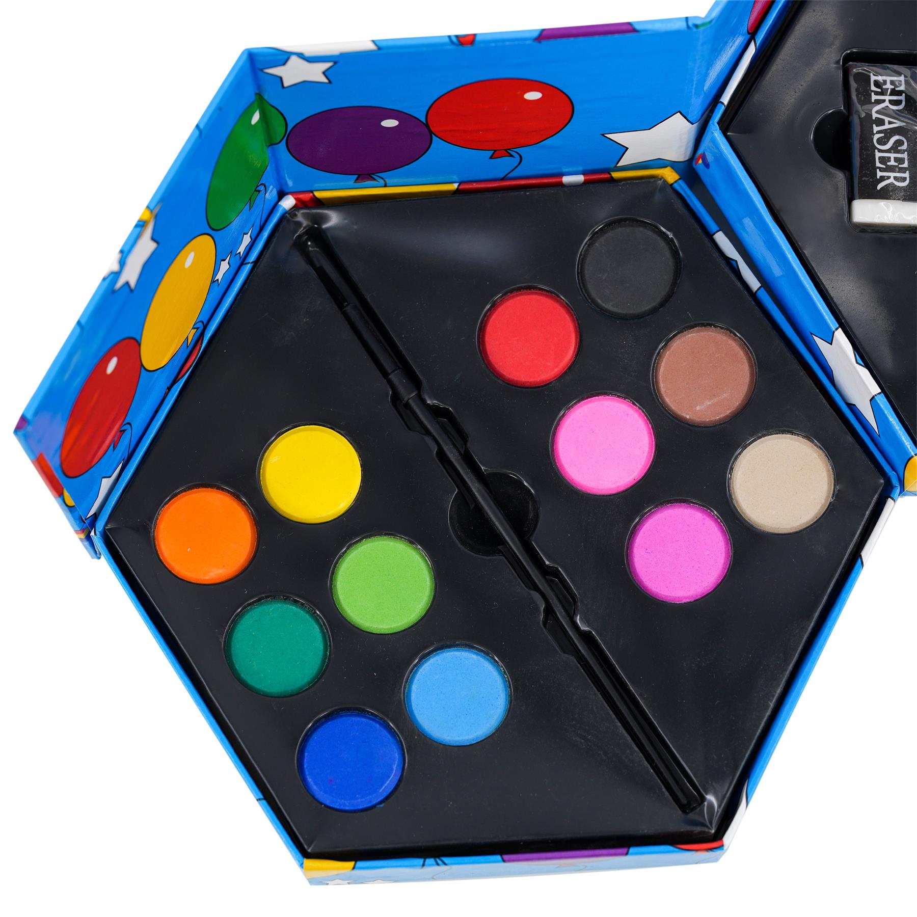 Art set with multiple sections containing colored pencils and paint palettes in various hues.