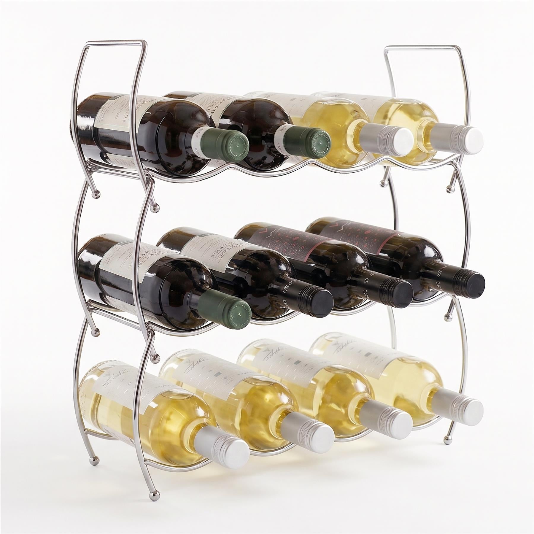 Three-tiered metal wire rack storing various bottles of dark and light wine.