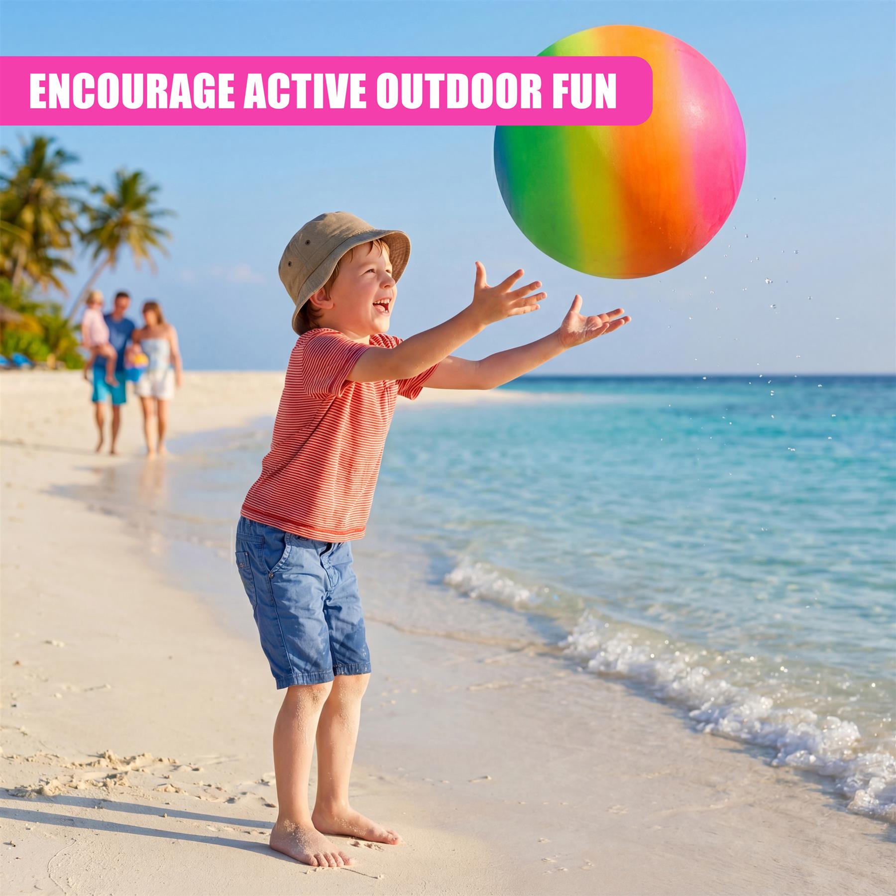 Child on a beach catching a large, brightly colored rainbow-striped inflatable ball.
