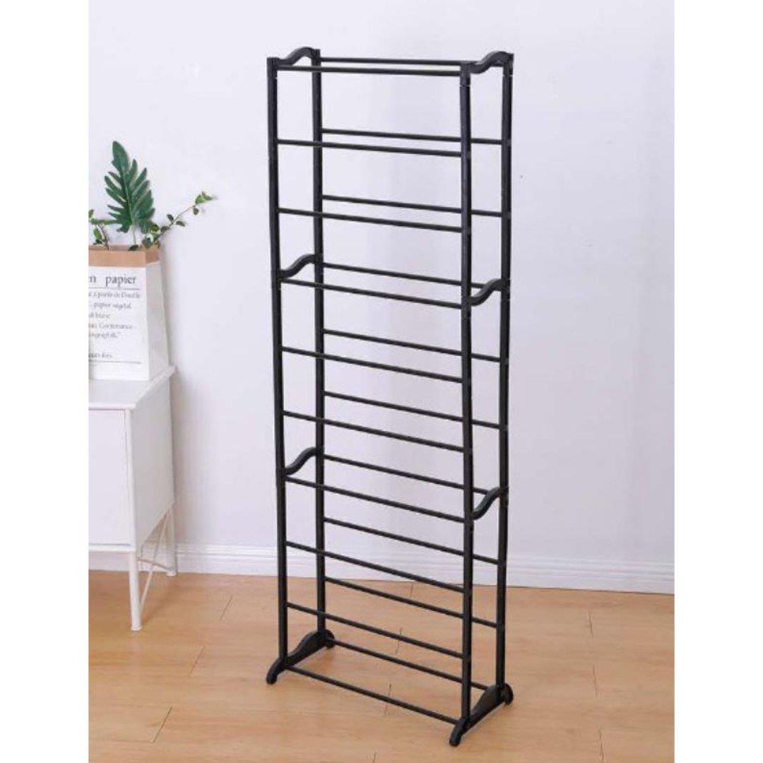 Black metal shoe rack with 9 shelves.