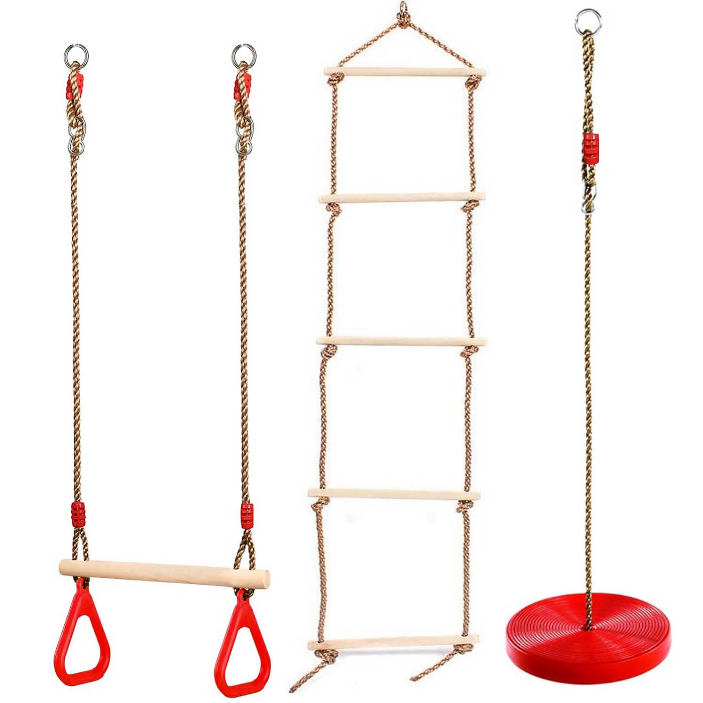 The Magic Toy Shop Wooden Trapeze Swing, Rope Ladder & Red Plate Seat