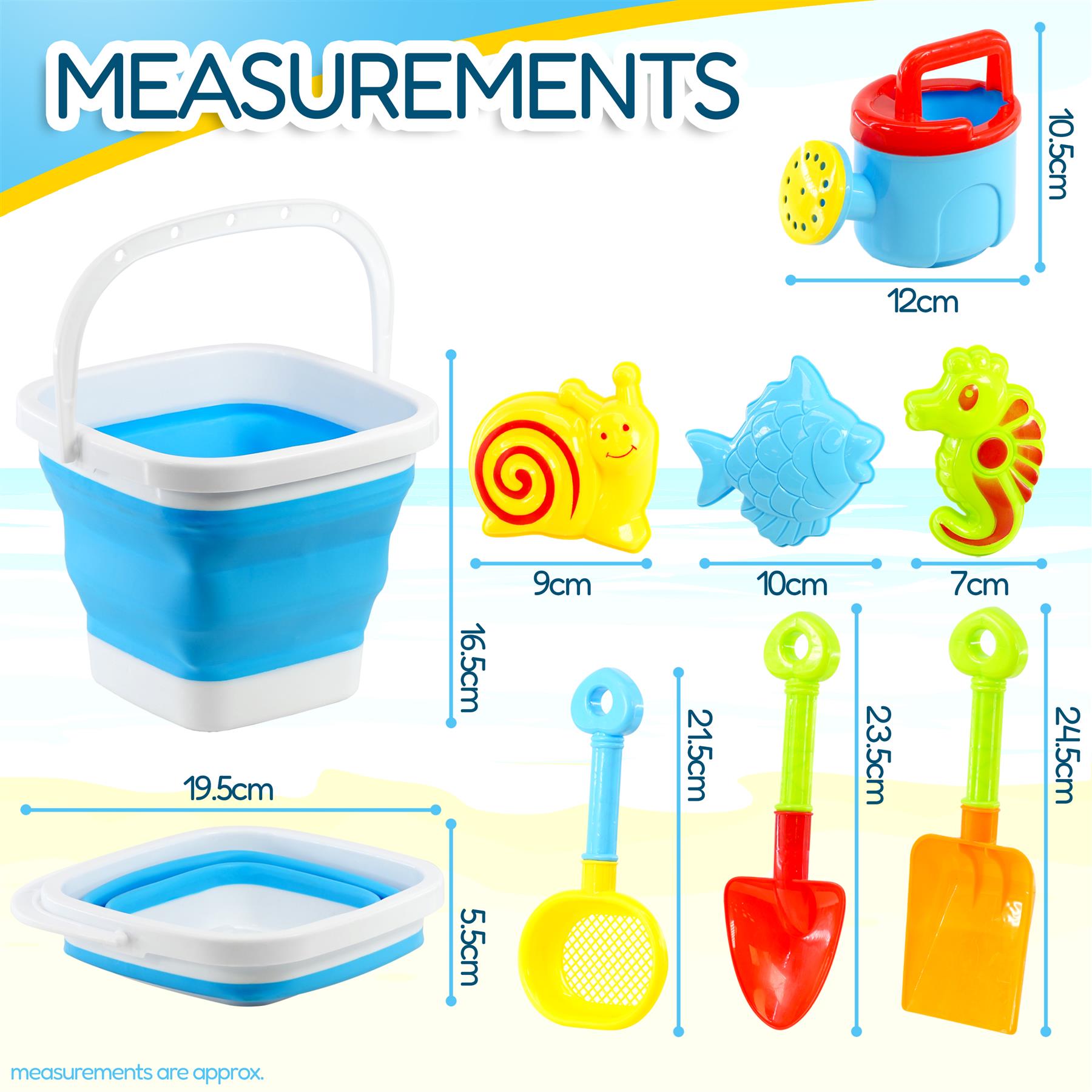Measurements chart detailing the sizes of the bucket, spades, molds, and measuring trays.