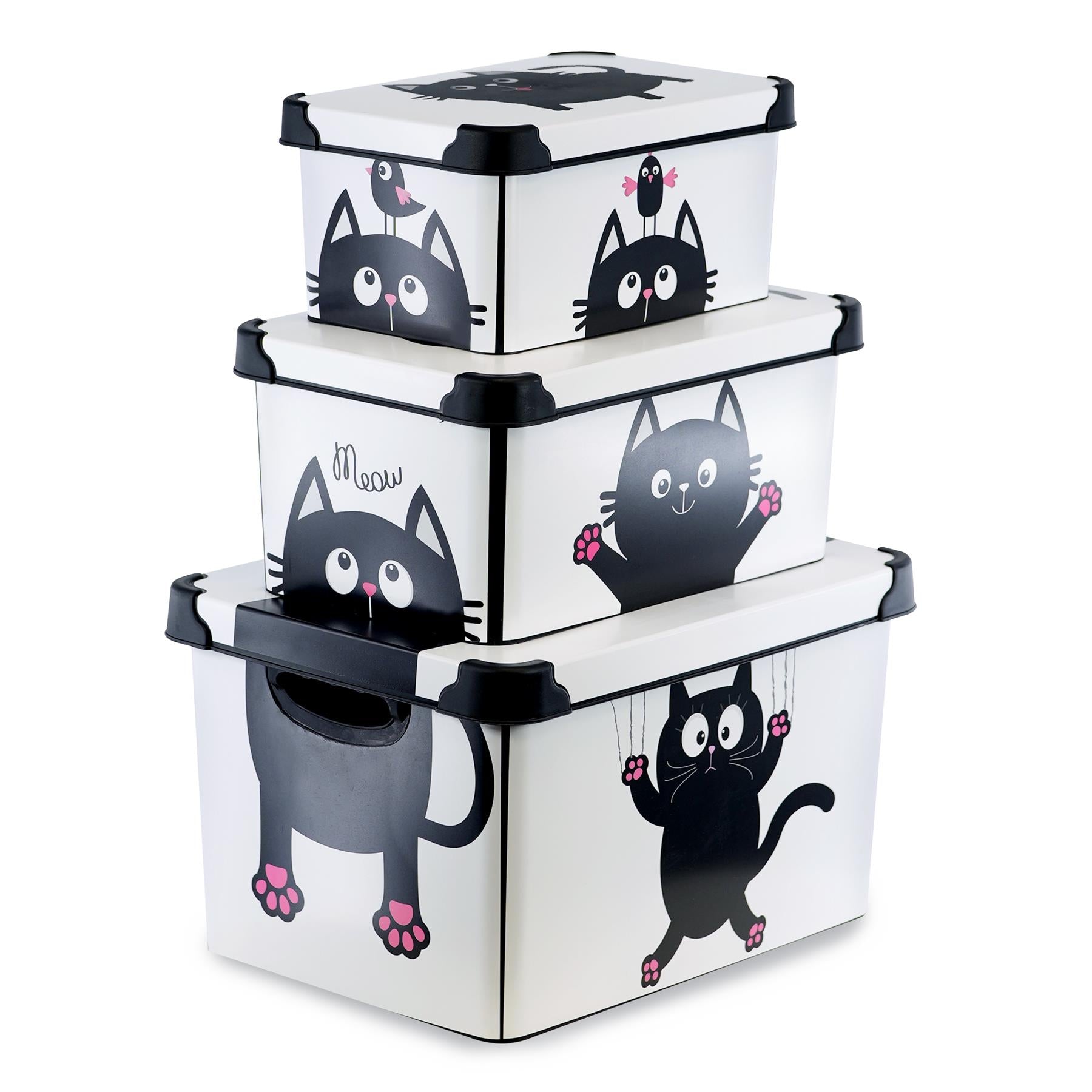 Cat Themed Storage Boxes with Lids - Set of 3