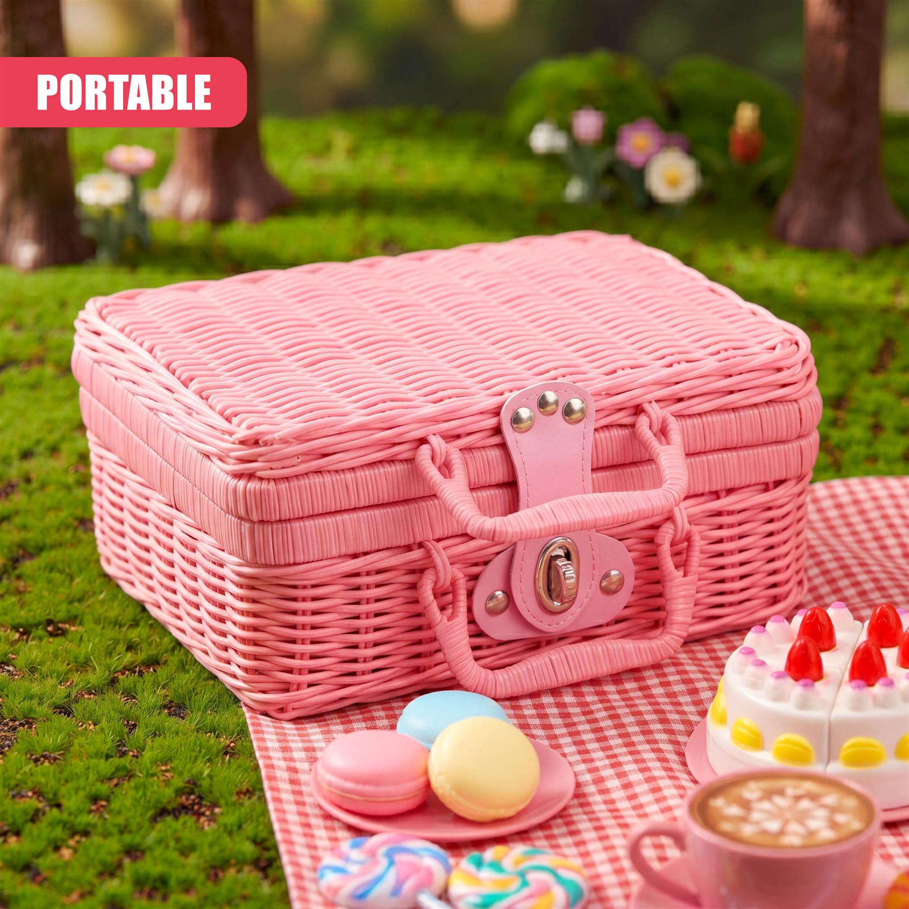 Pink woven basket resting on a cloth with pastel sweets, cupcakes, and a teacup.