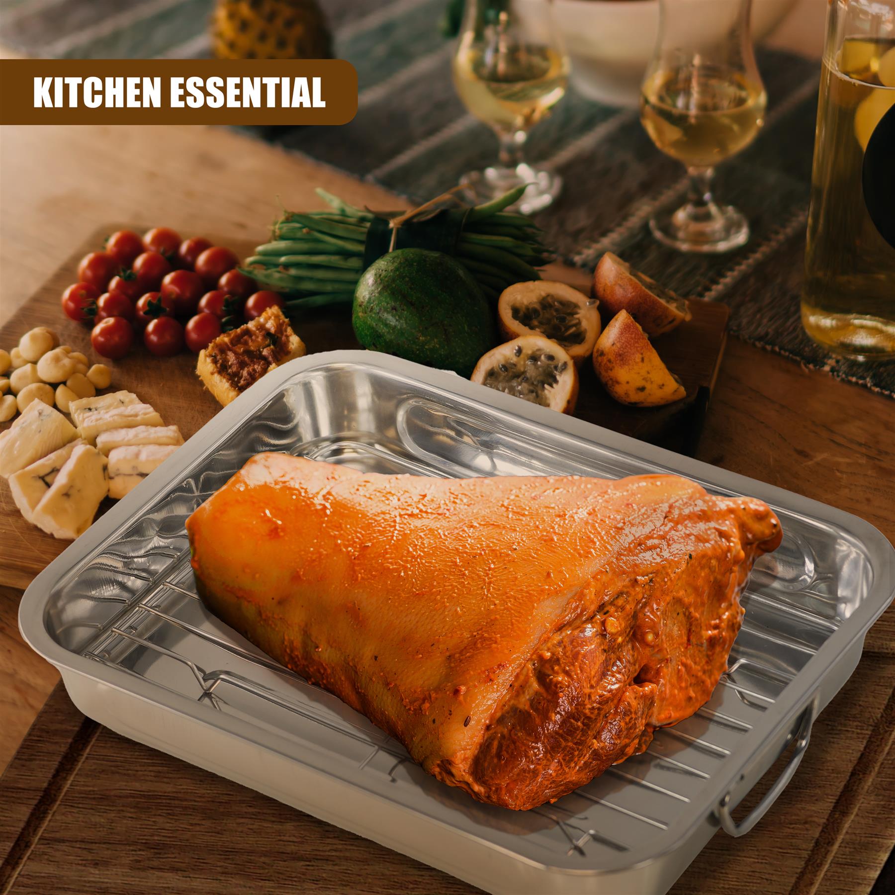 Roasting tray with an internal rack holds a large, cooked roast meat on a dark wooden surface.