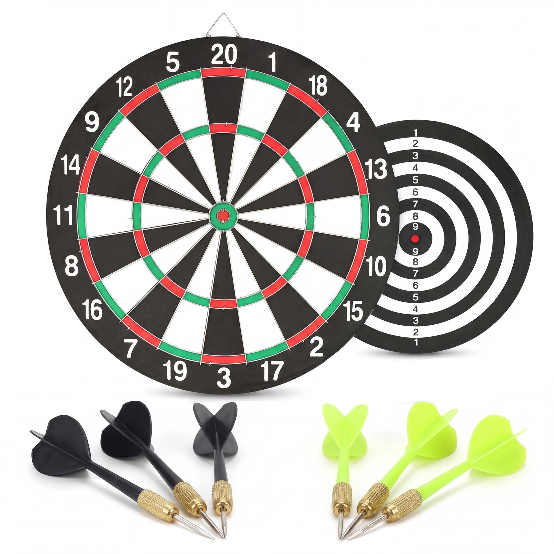 Double-sided dartboard featuring numbered scoring rings and six assorted metal darts.
