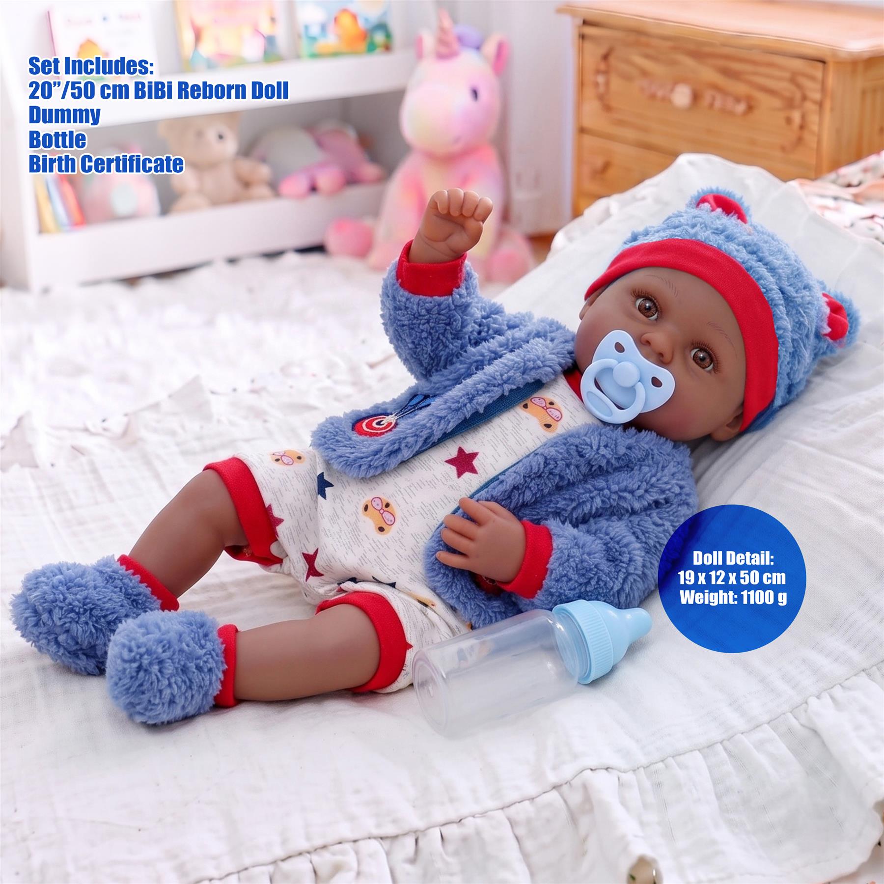 BiBi Black Doll Reborn Ethnic Boy "Posy" (50 cm / 20")
