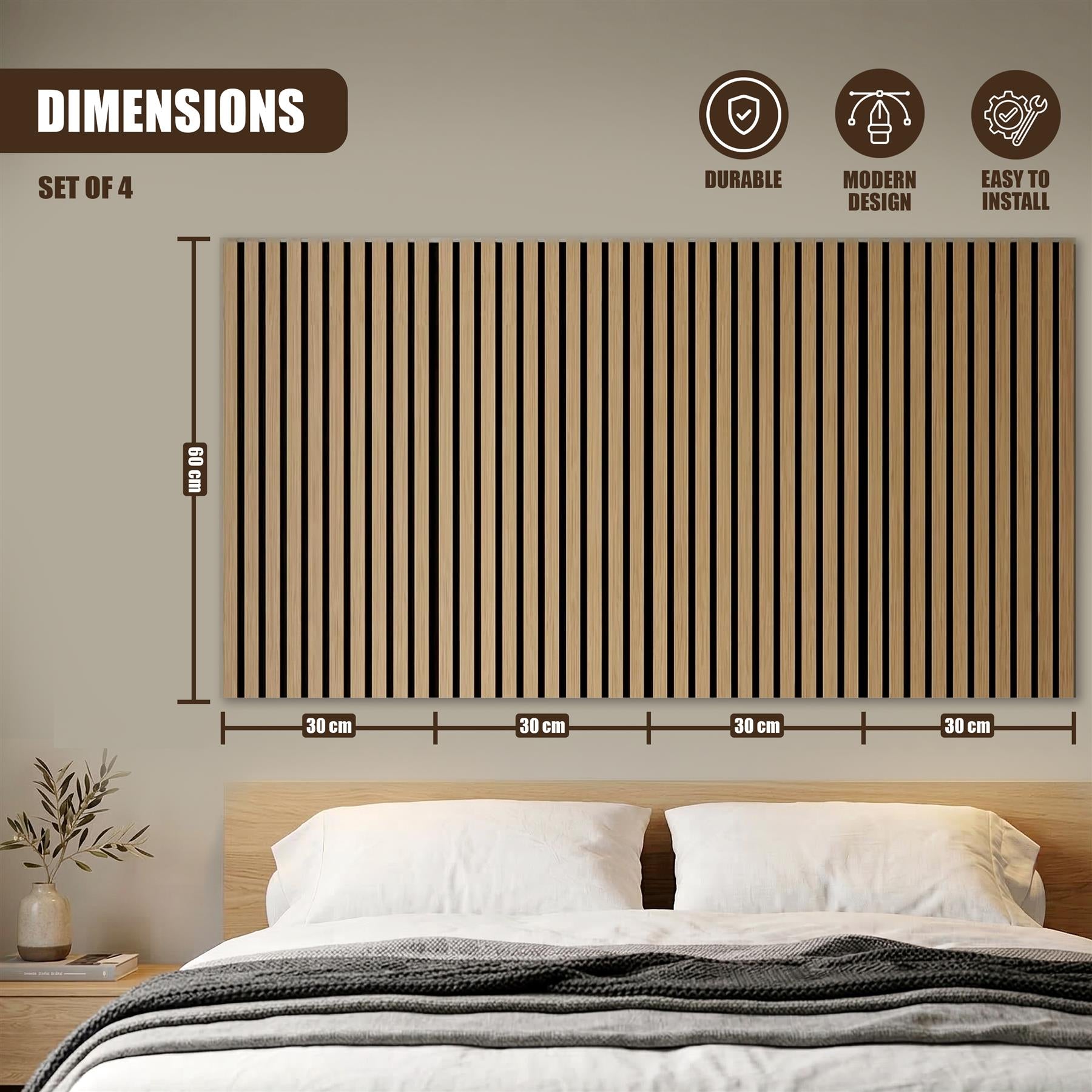 Four slatted, wooden wall panels are displayed horizontally, measuring 60 cm high and 120 cm wide.