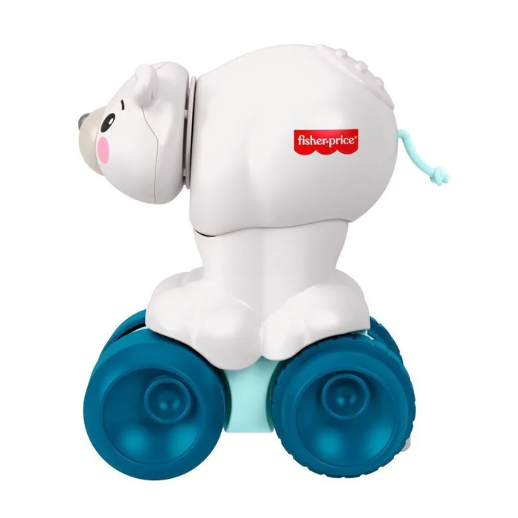Polar bear toy designed for crawling, featuring white plastic, blue wheels, and a sensory squeaker.