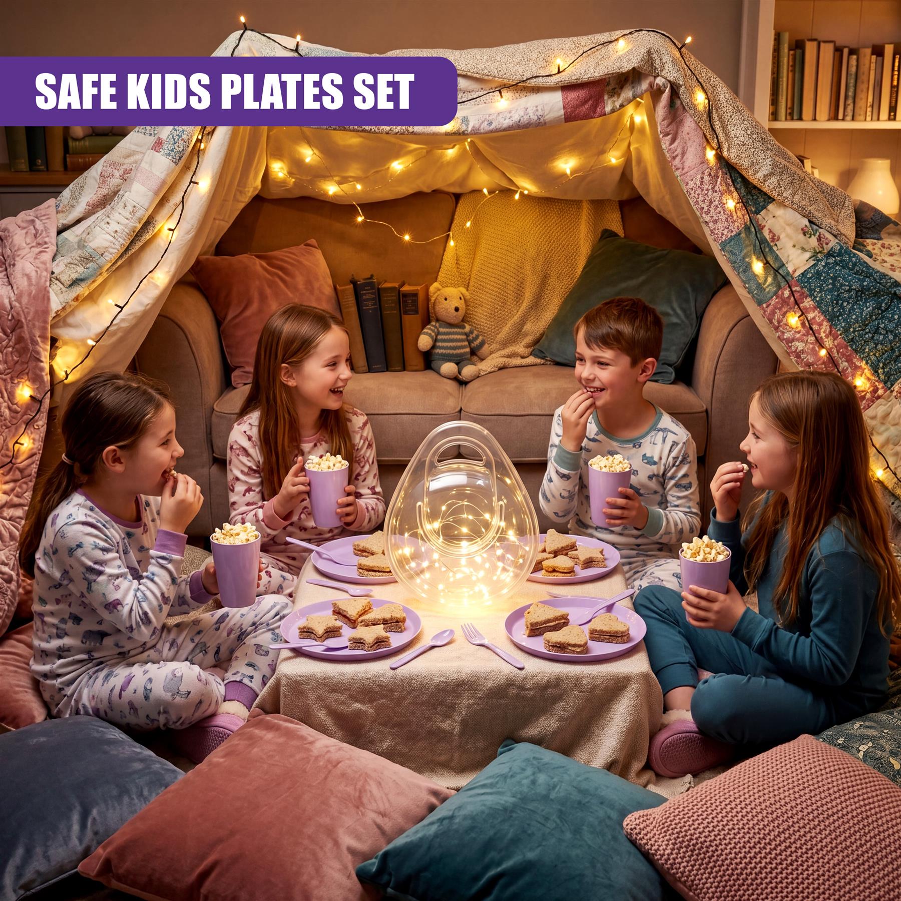 Four children sit at a low table under a canopy, gathered around snacks and serving plates.