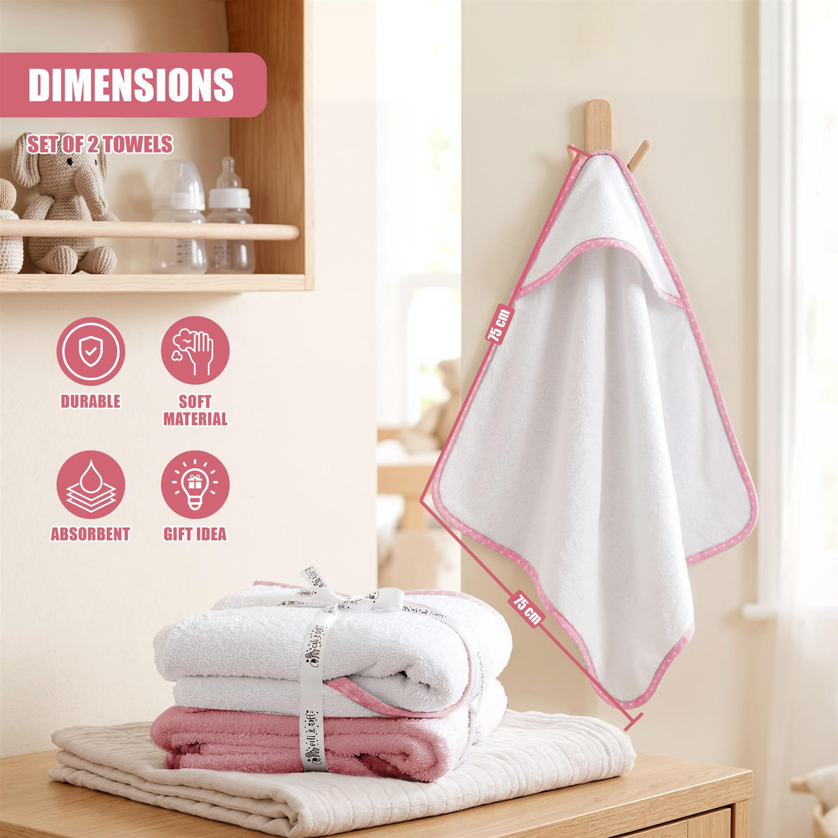 Pack of 2 GEEZY hooded baby bath towels in a set of two, displayed on a shelf with baby essentials
