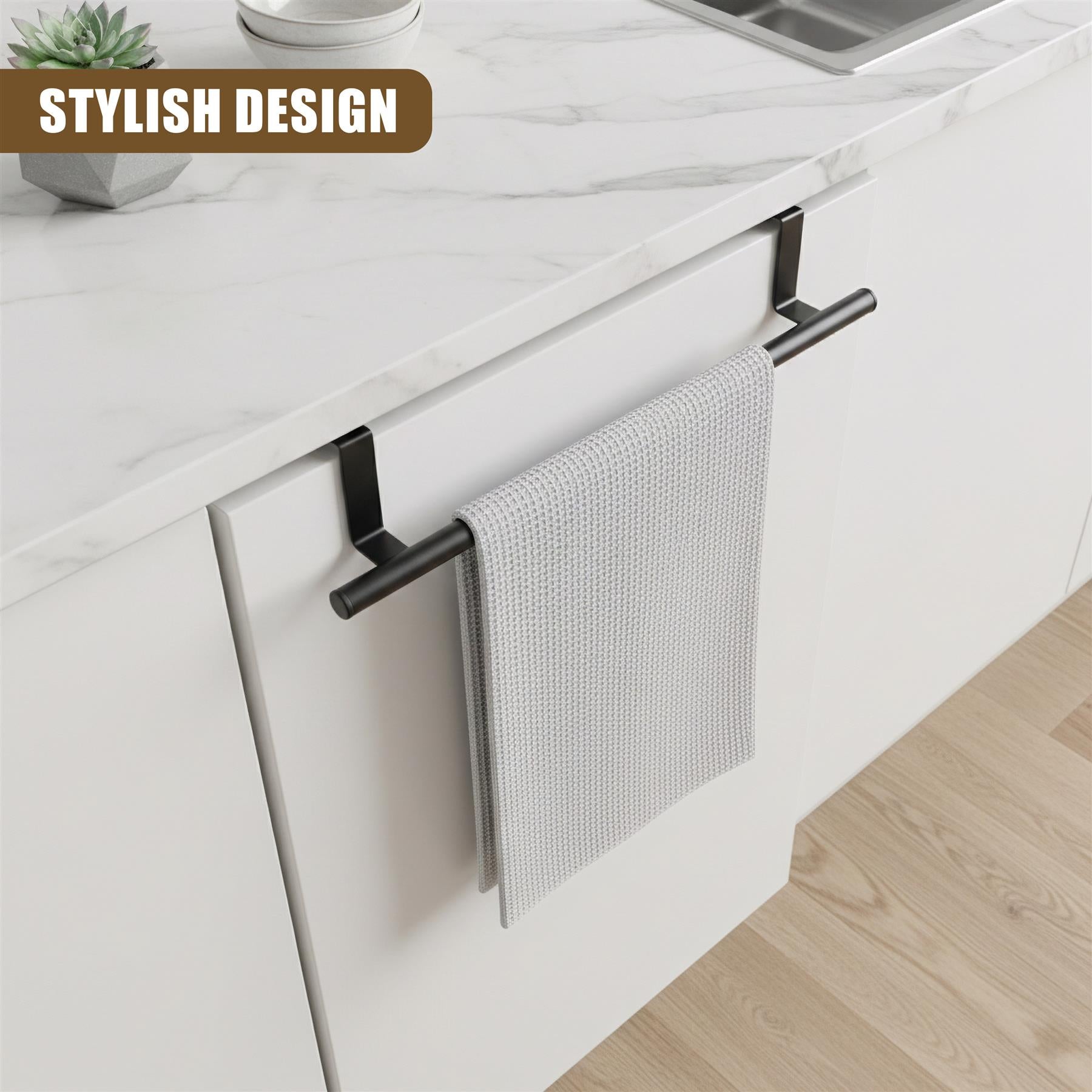 Black towel rail mounted on white cabinet surface holds a textured gray kitchen towel.