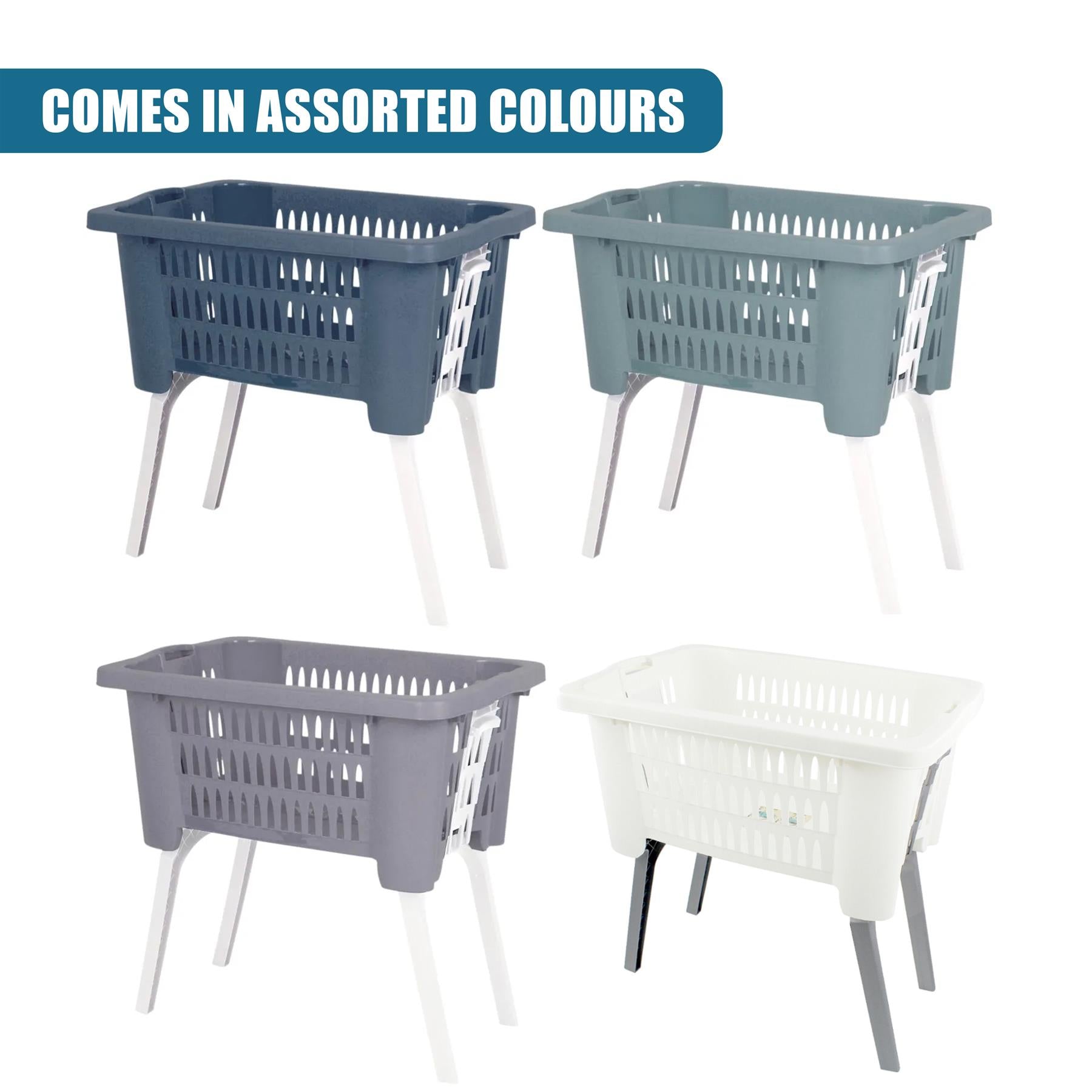 Four colored laundry baskets featuring slotted plastic bodies and white folding supports.