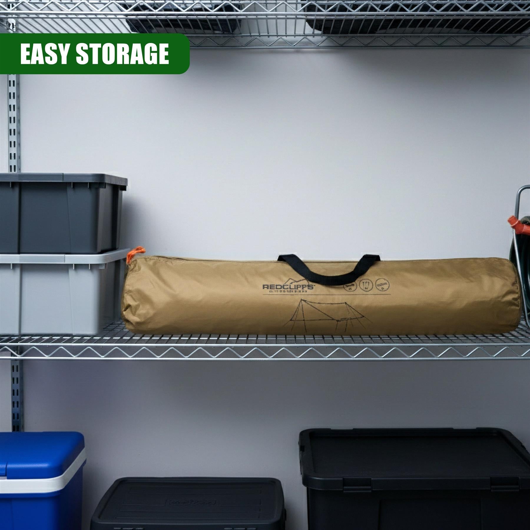 Rolled beige shelter tarp displayed on a metal shelf among outdoor storage containers.