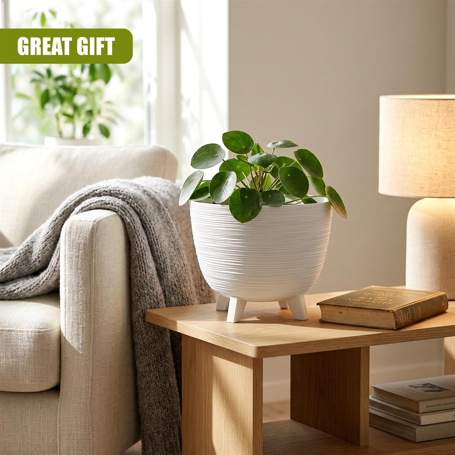 White flower pot with small legs holding a vibrant green plant on a light wooden side table.