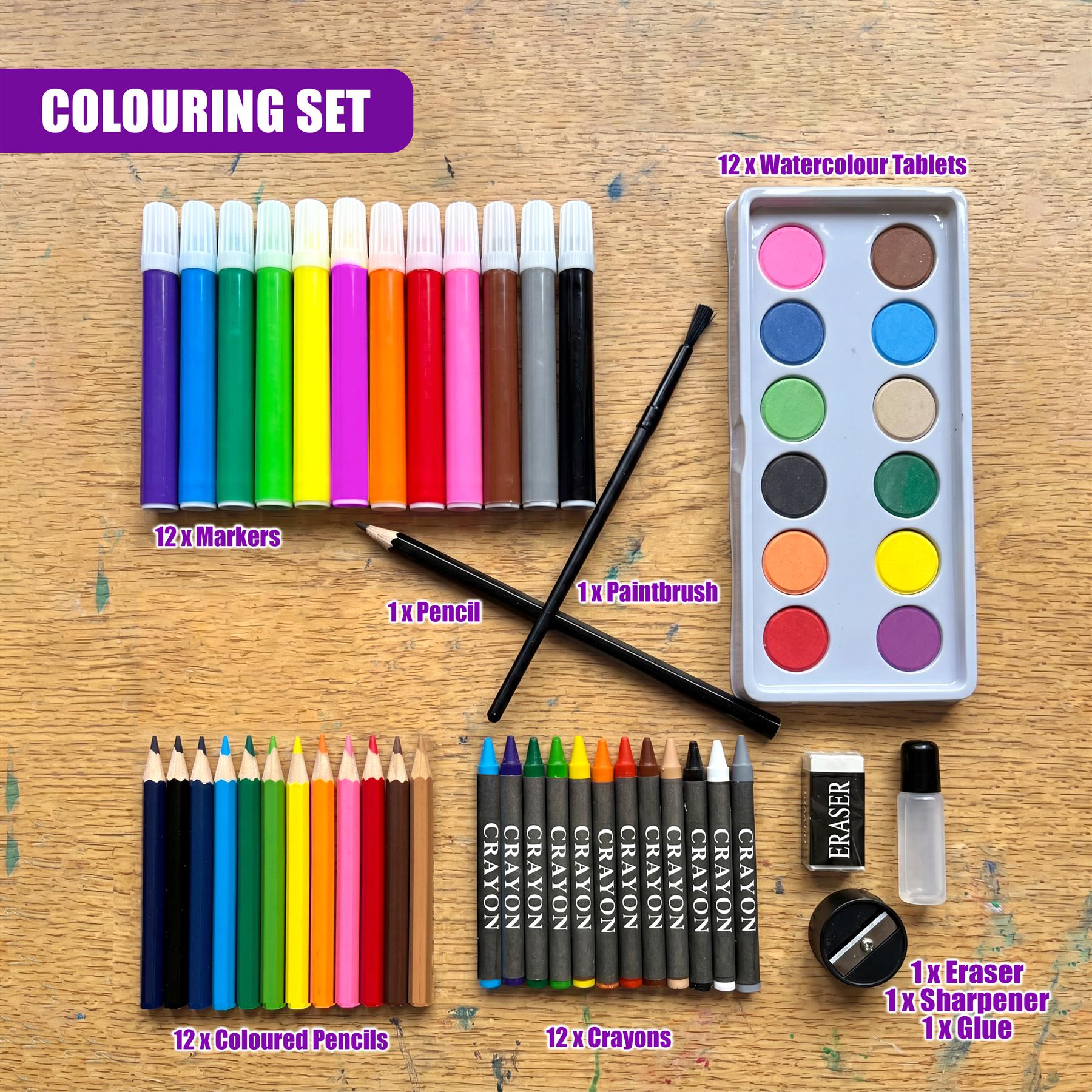 This art set contains markers, crayons, colored pencils, a watercolor palette, and assorted craft tools.