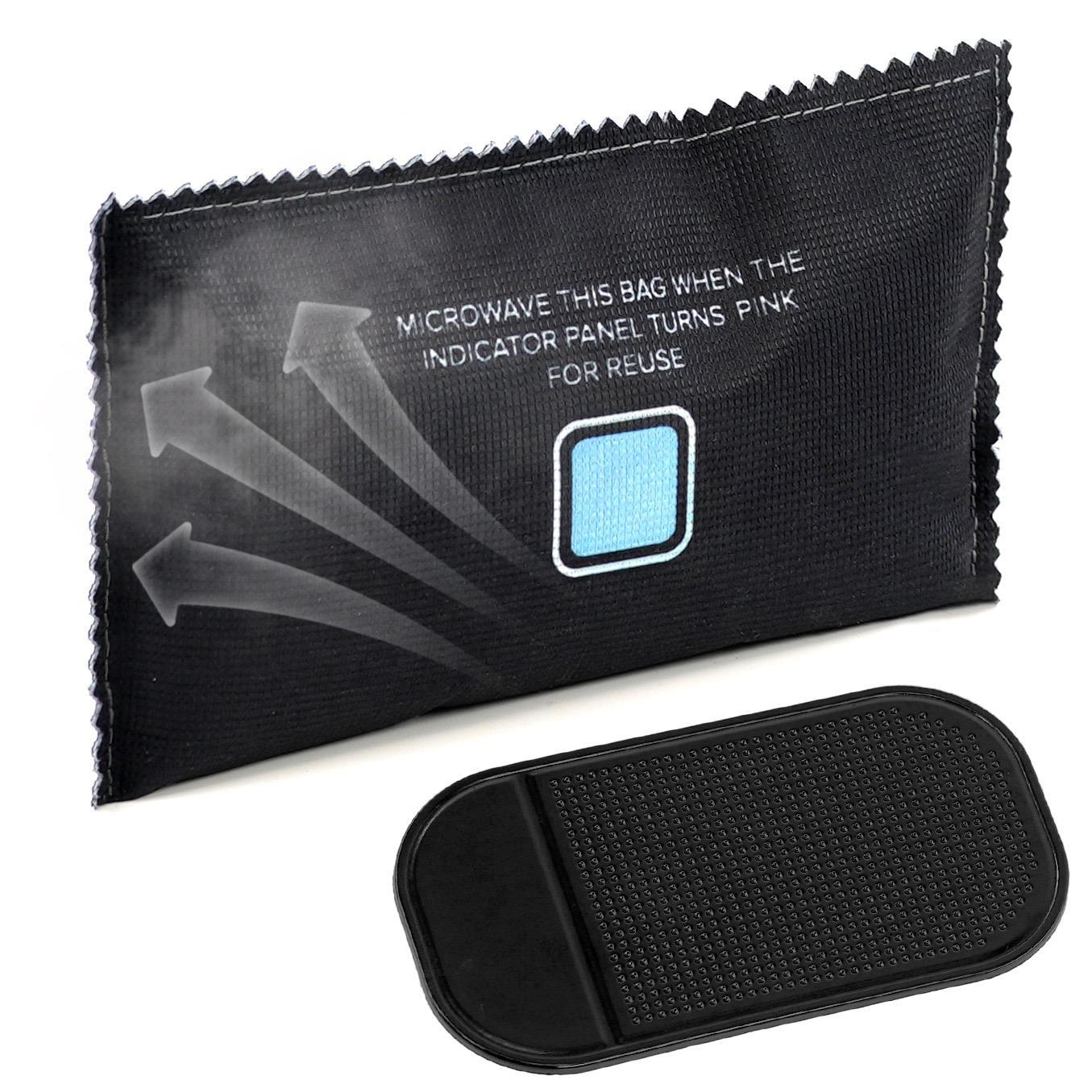 A black, textured pouch and a larger printed dehumidifier bag with reactivation instructions are visible.