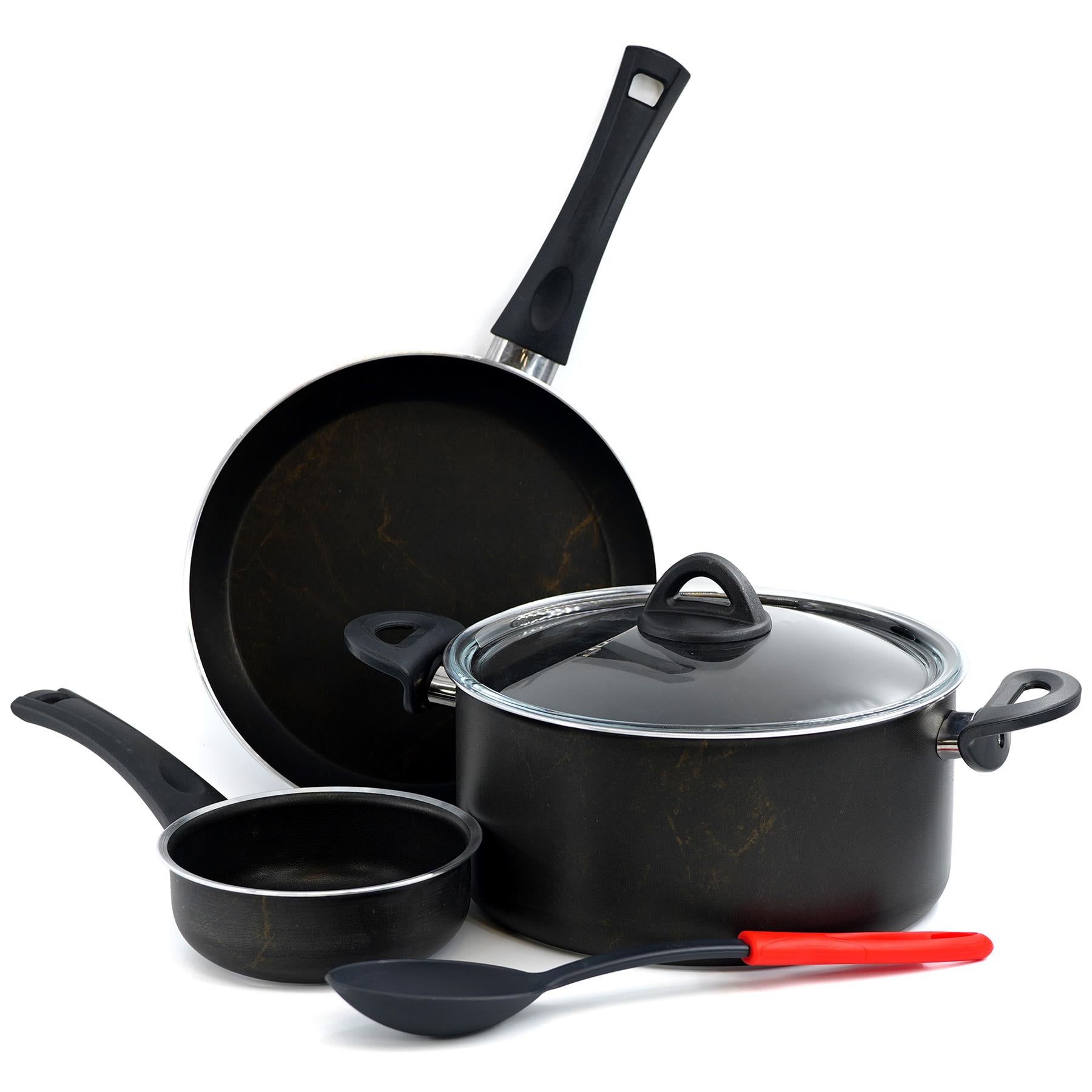 Geezy Kitchen Cookware Set Black 5 pc Non-Stick Pots and Pans Set