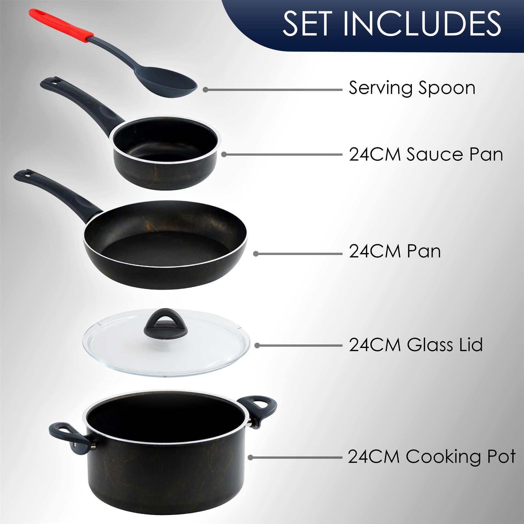 Geezy Kitchen Cookware Set Black 5 pc Non-Stick Pots and Pans Set