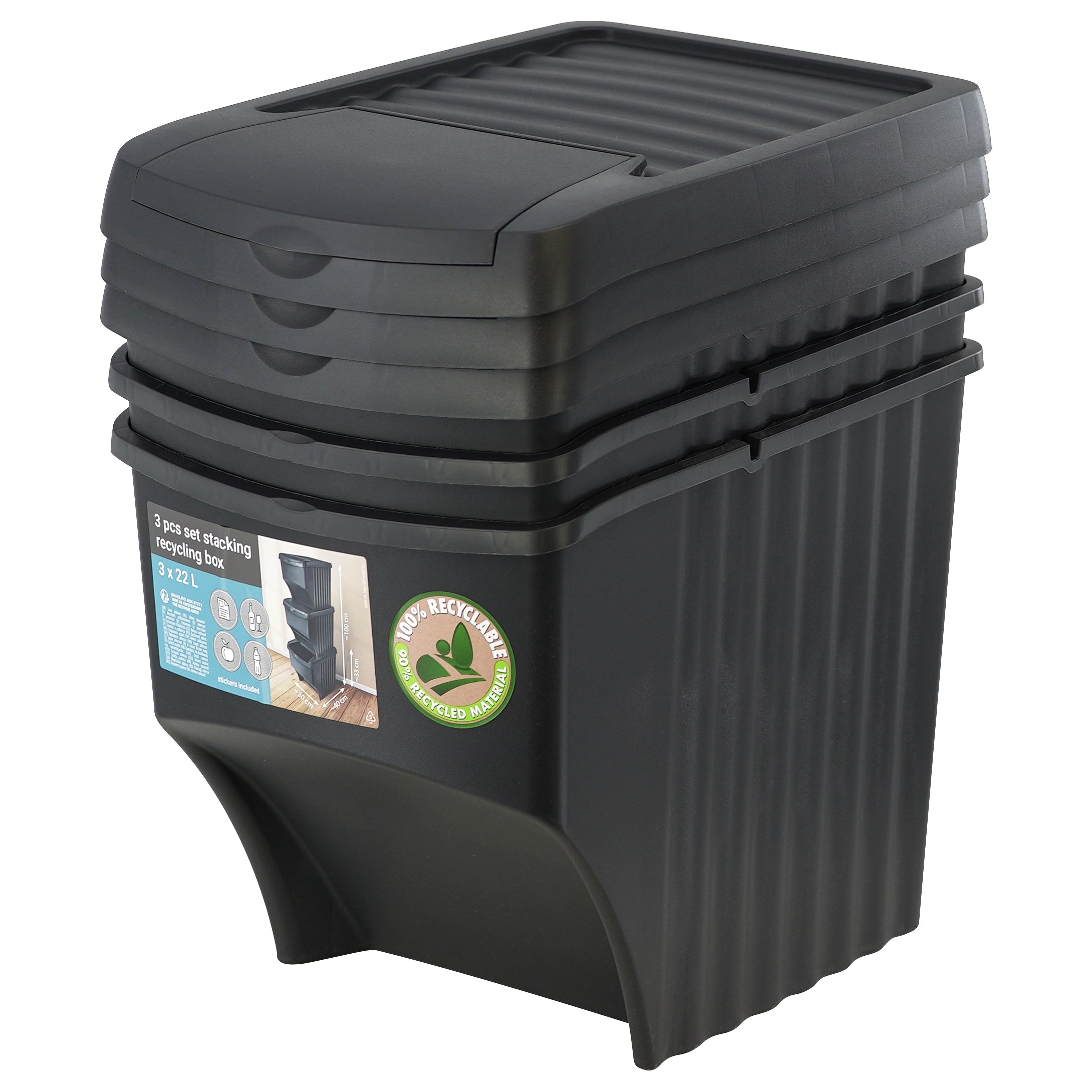 GEEZY Stackable Recycling Waste Bins 25 L set of 3 Large Plastic Waste Recycling Bin With Lids