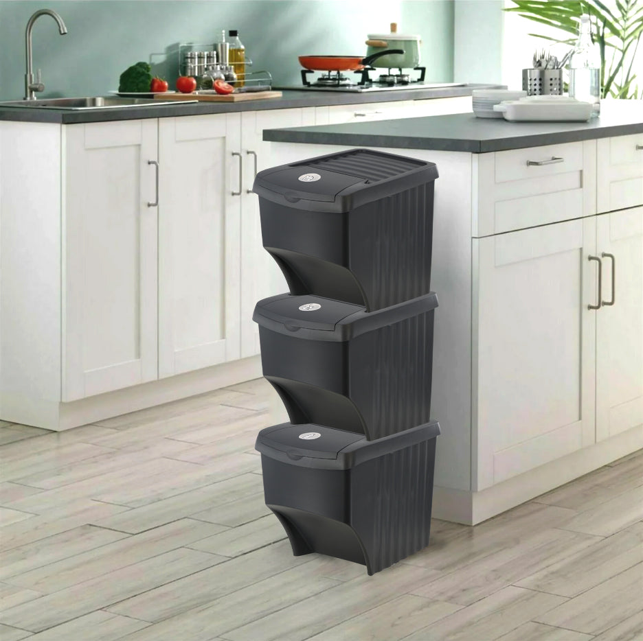 GEEZY Stackable Recycling Waste Bins 25 L set of 3 Large Plastic Waste Recycling Bin With Lids