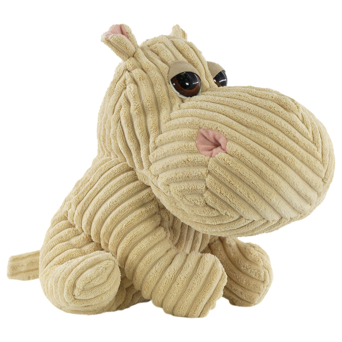 Ribbed hippo doorstop, in a beige fabric, sits on a white background