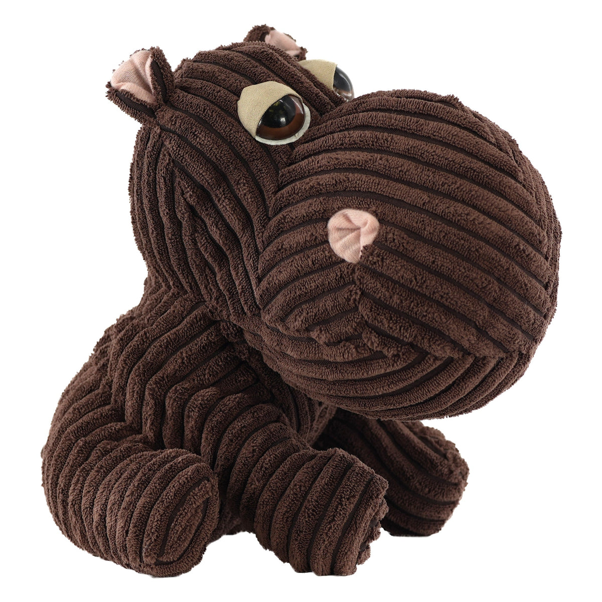 Brown ribbed hippo doorstop sits on a white background, smiling with green eyes and a pink nose