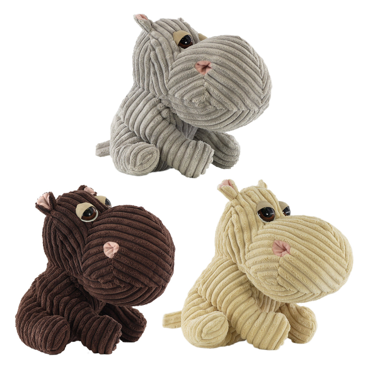 Hippo doorstop in ribbed fabric, displayed in grey, brown and cream colours