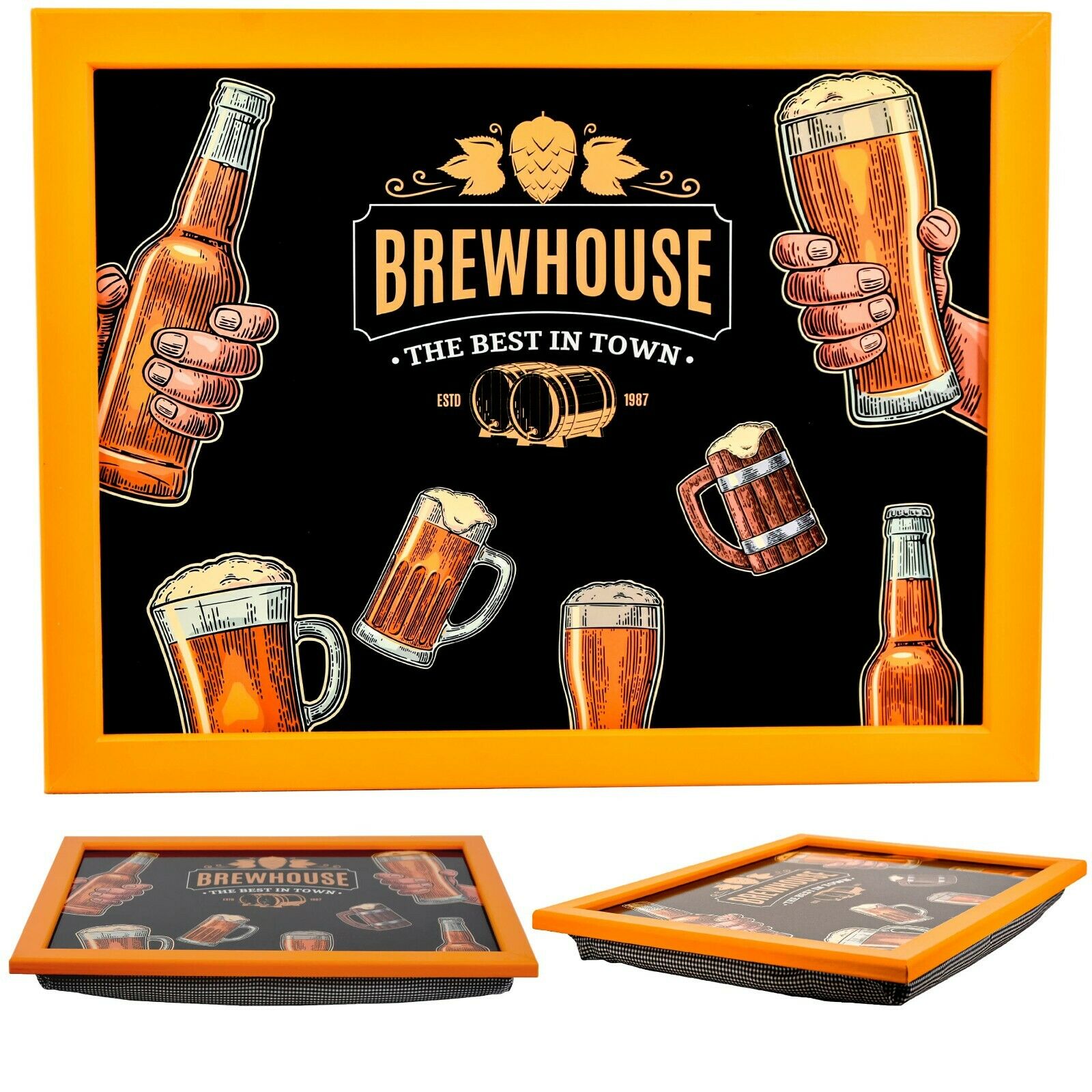 A beige and black lap tray with a soft cushion, perfect for working or dining on the go, from Brewhouse, available at themagictoyshop.