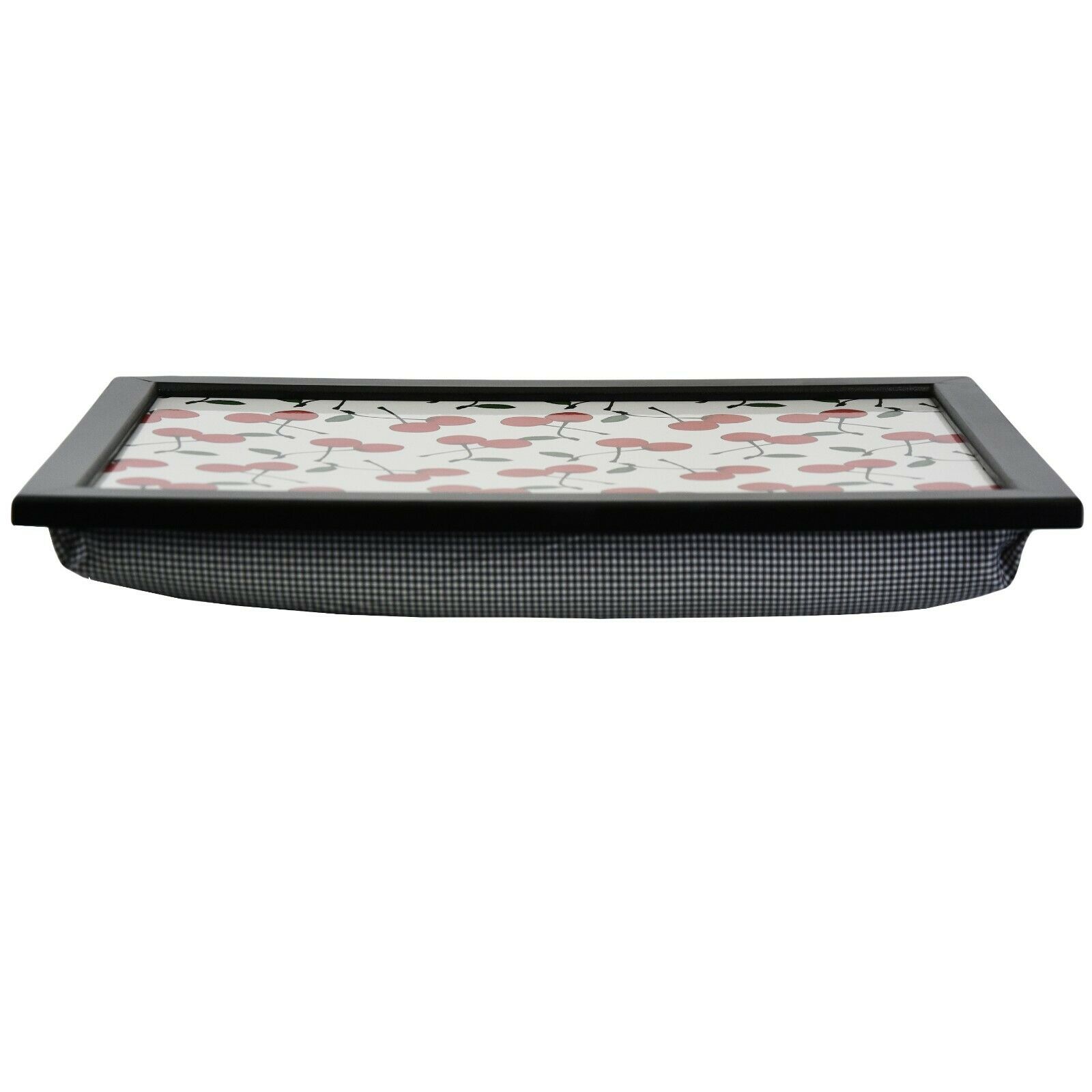 Black framed rectangular lap tray featuring a cushioned insert with a pink cherry pattern.
