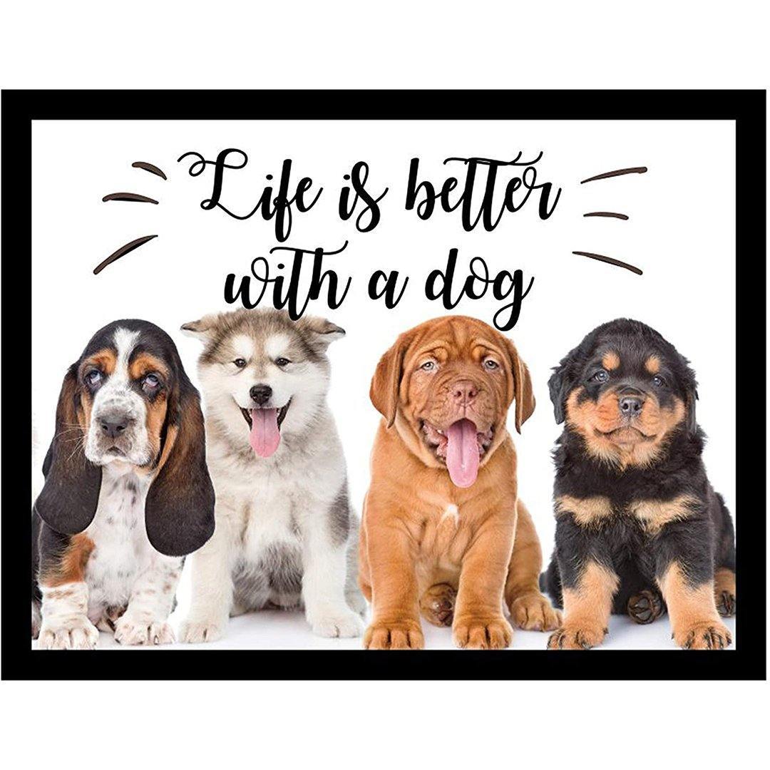 "A GEEZY lap tray with a dog cushion featuring three happy dogs against a 'life is better with a dog' background."