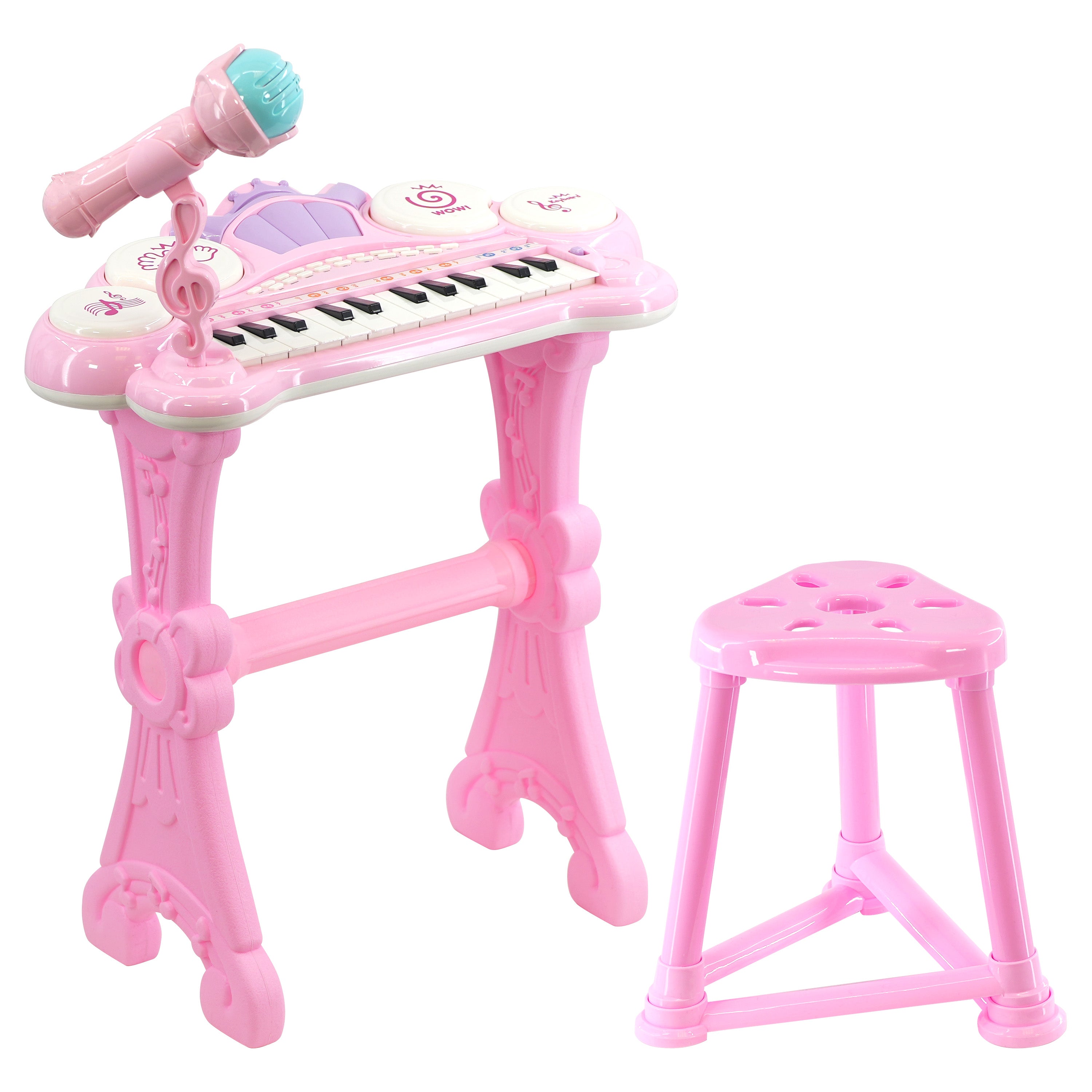 Pink Piano Toy with Microphone and Stool