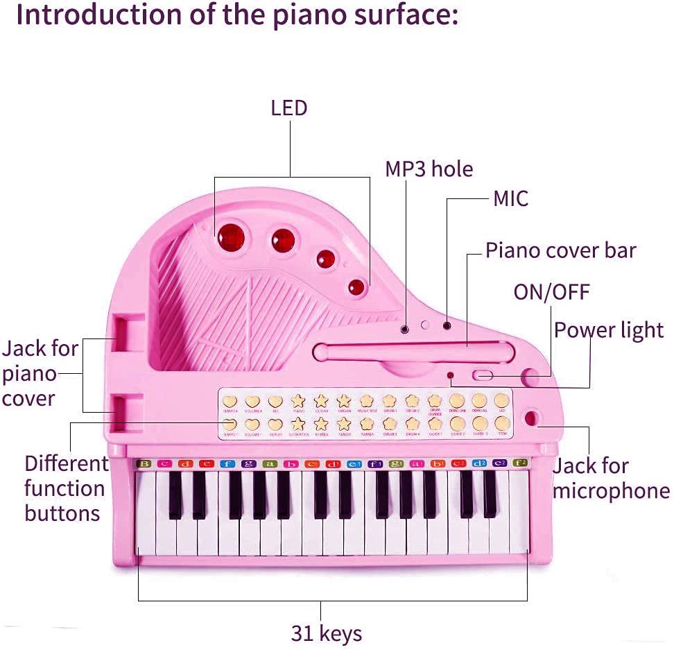 The Magic Toy Shop Toys and Games Pink Electronic Piano With Microphone and Stool