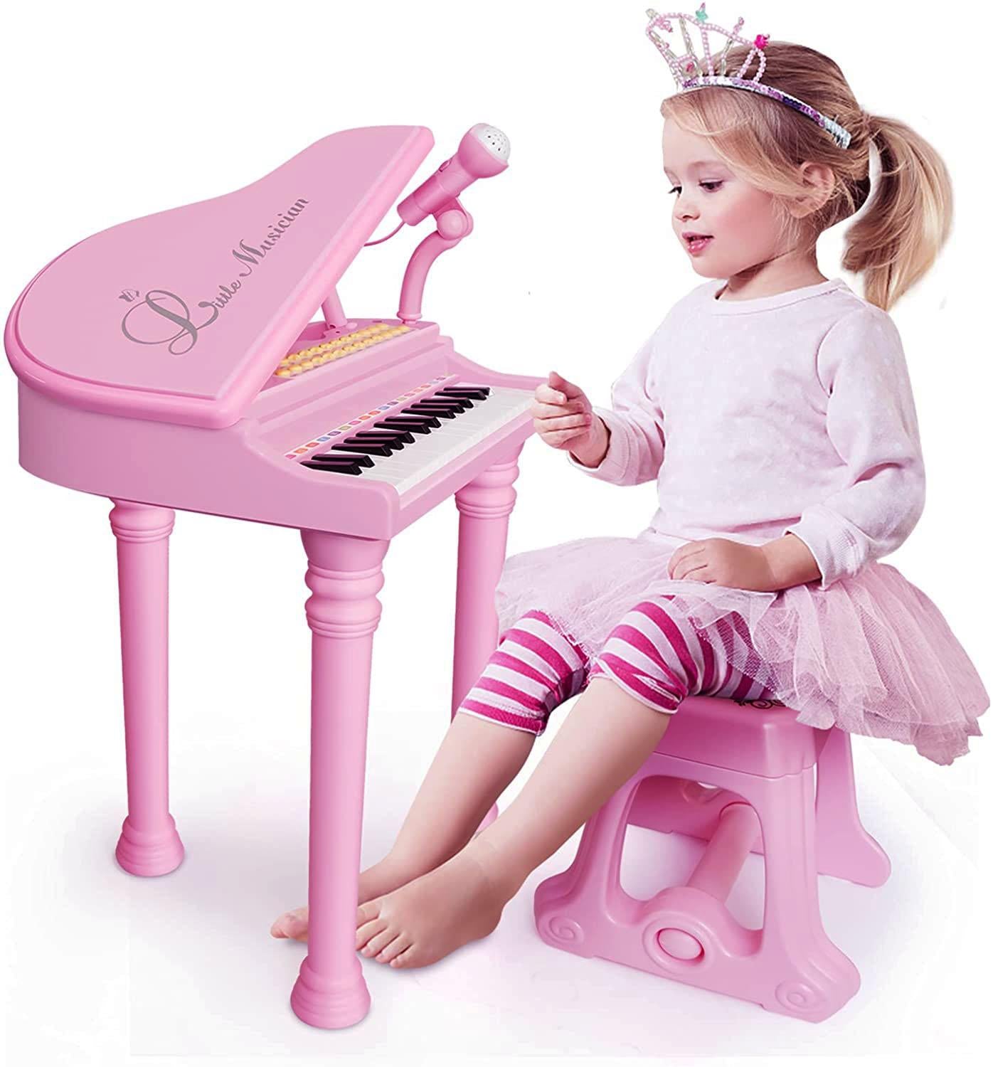 The Magic Toy Shop Toys and Games Pink Electronic Piano With Microphone and Stool