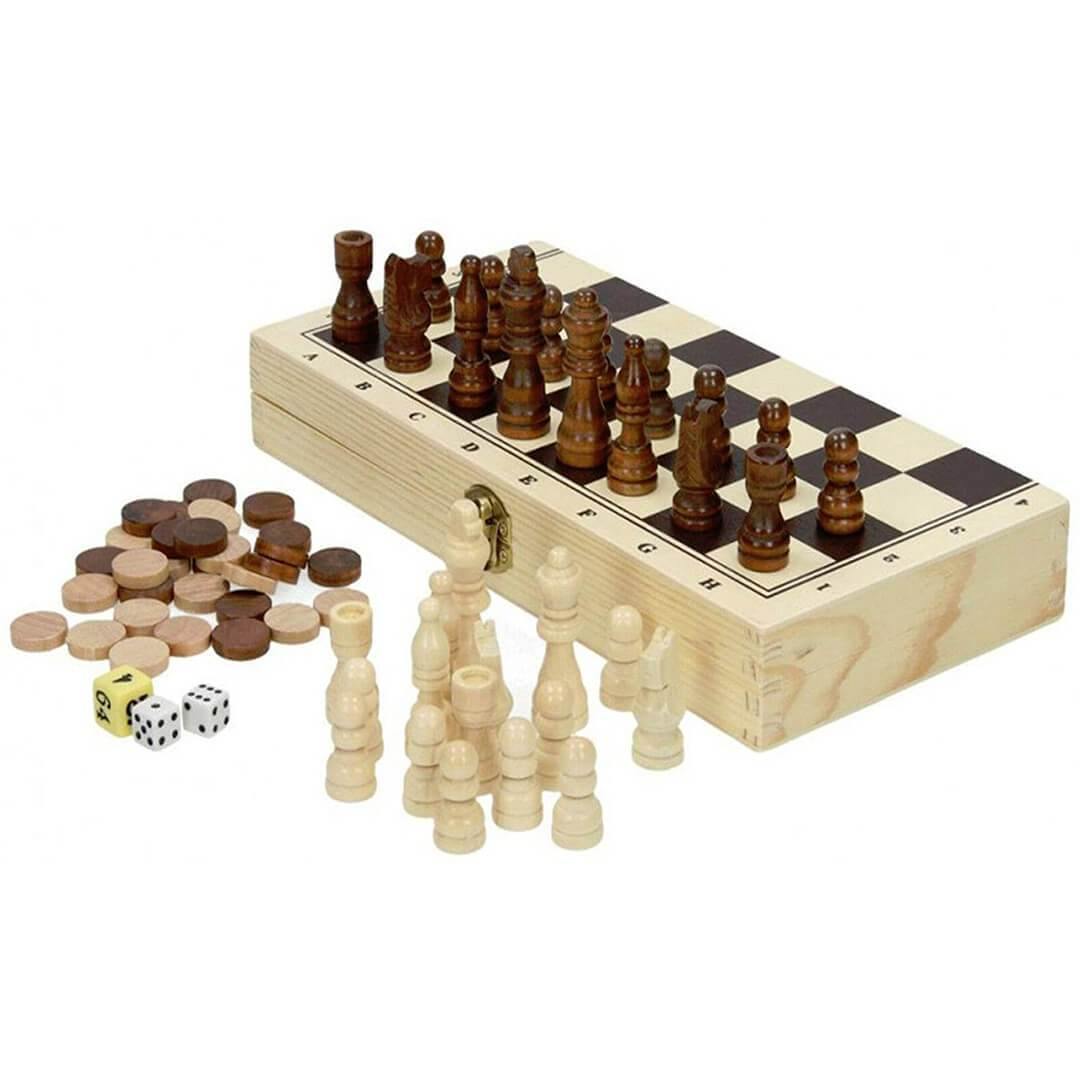 3 in 1 Wooden Compendium Board Game Set